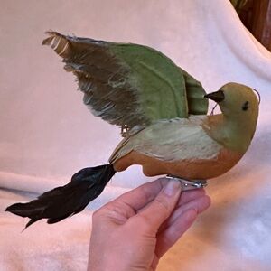 Pier 1 Green and Brown Feather + Fabric Clip-On Decorative Bird Ornament
